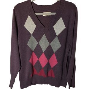 Sonoma Women’s Plus Size 1X Purple Argyle Knit Sweater Button Cuffed Detail